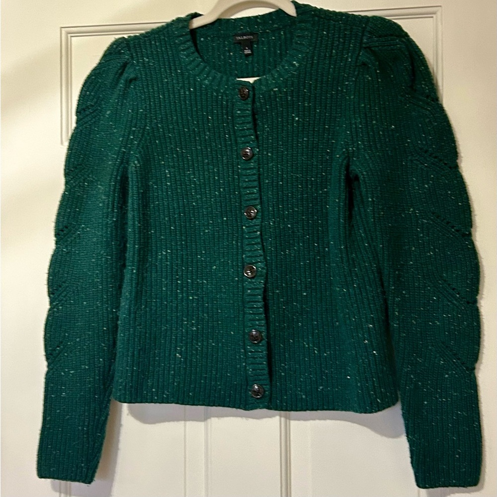 Talbots Small Dark Green  Brown Button puffy Detailed Sleeve Button-Up Cardigan